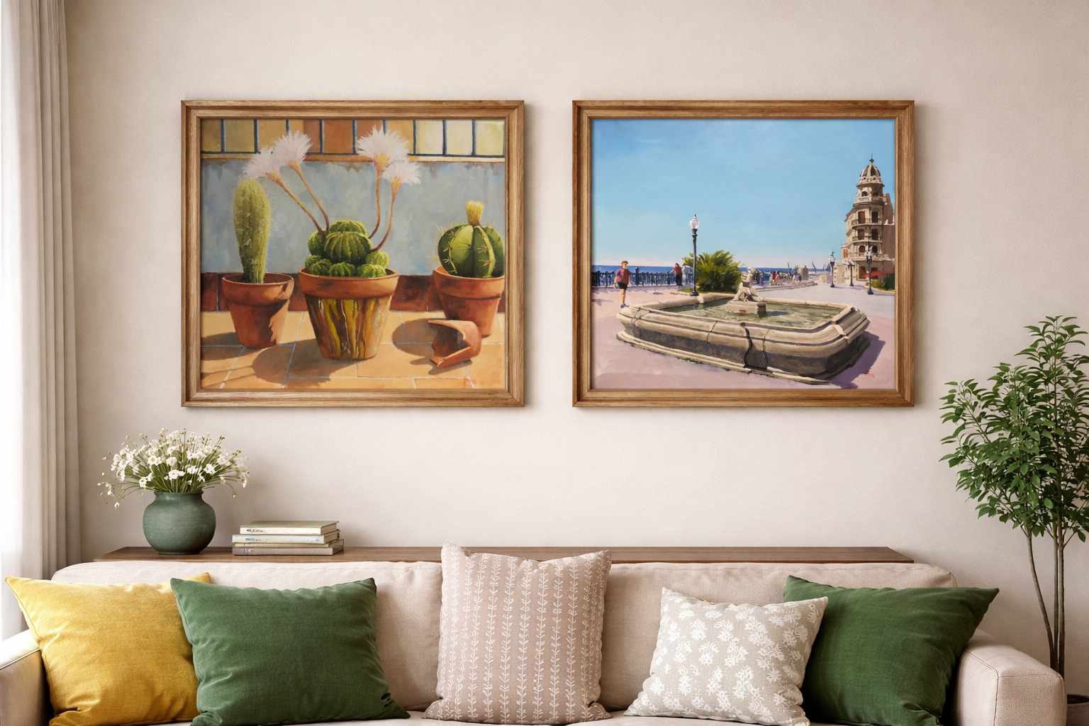 Sala de estar amb pintura costanera i cactus
